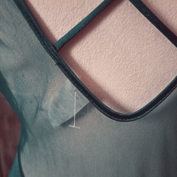 VTG Adonna Nightgown Slip Dress Med Green Sheer Lace Bodice Crisscross Coquette - Picture 4 of 14